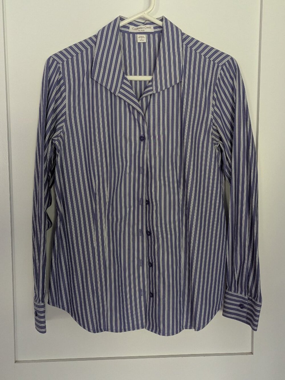Coldwater Creek No Iron Cotton Button Down Shirt Size 10-12 Blue White Striped